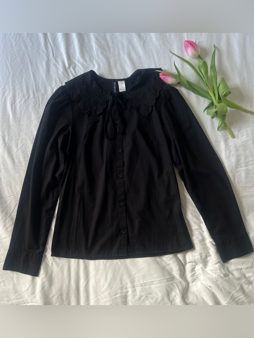 Black Long-Sleeve Button-Up Scalloped Collar Blouse